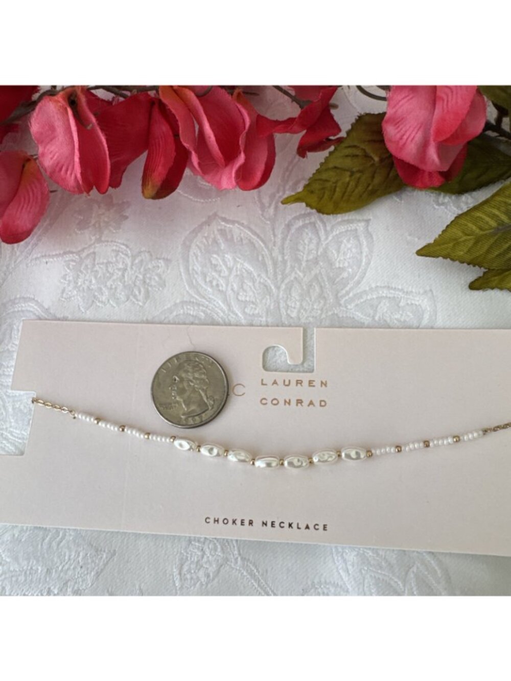 LC Lauren Conrad Dainty Seed Pearls Goldtone Charm 13" Choker Necklace NWT - Picture 8 of 9
